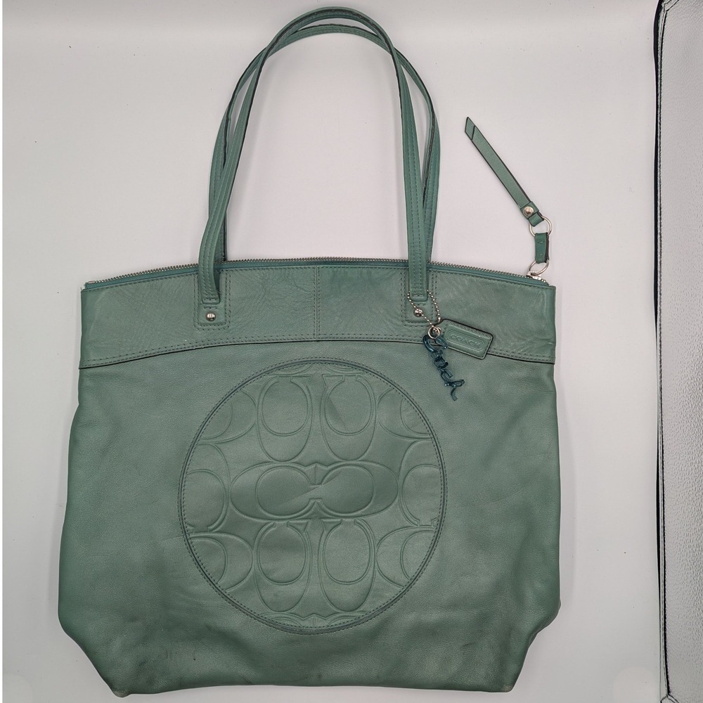 Coach Tote Bag Sage Green Leather Embossed Signature Logo Large